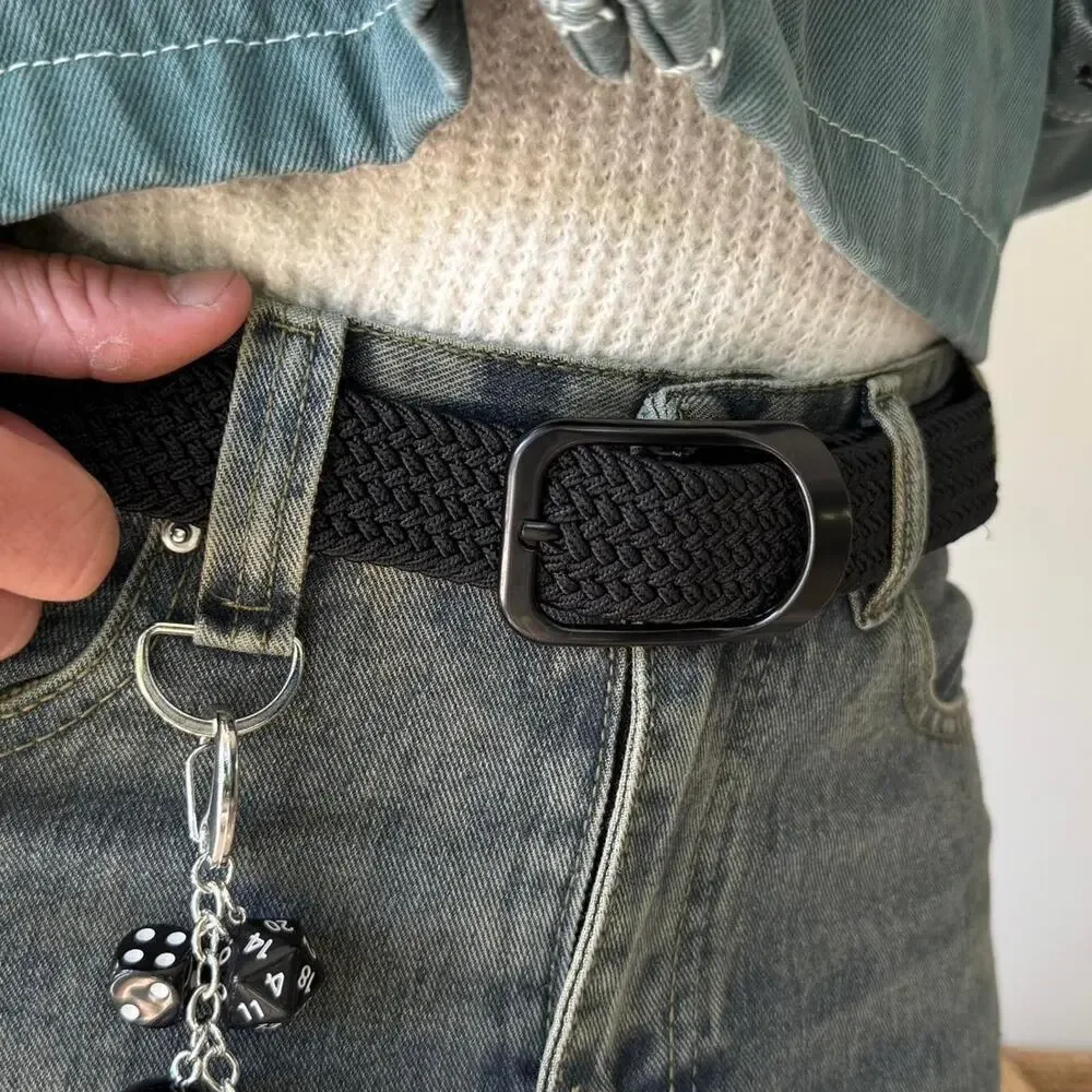Y2K Black Grey Elastic Belt Silver Hardware Adjustable Unisex New